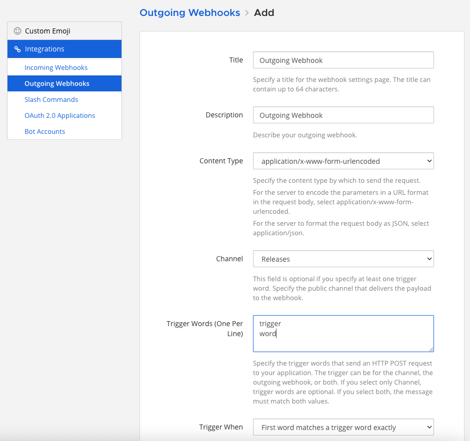 Dialog box showing the outgoing webhook details.