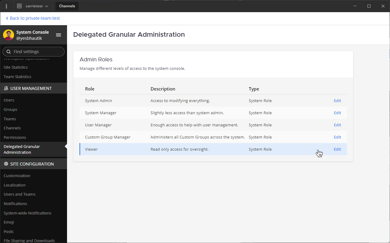 Enable team admins to access their team's statistics in the System Console by going to User Management > System Roles, and making changes to the Viewer role.