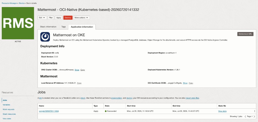Application information tab showing deployment, Kubernetes, and Mattermost details