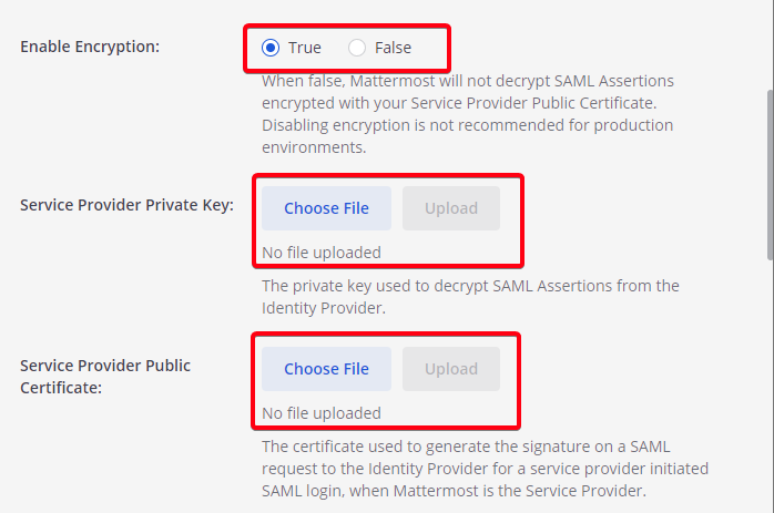 On the System Console SAML page, enable encryption, then upload both the private and public generated keys.