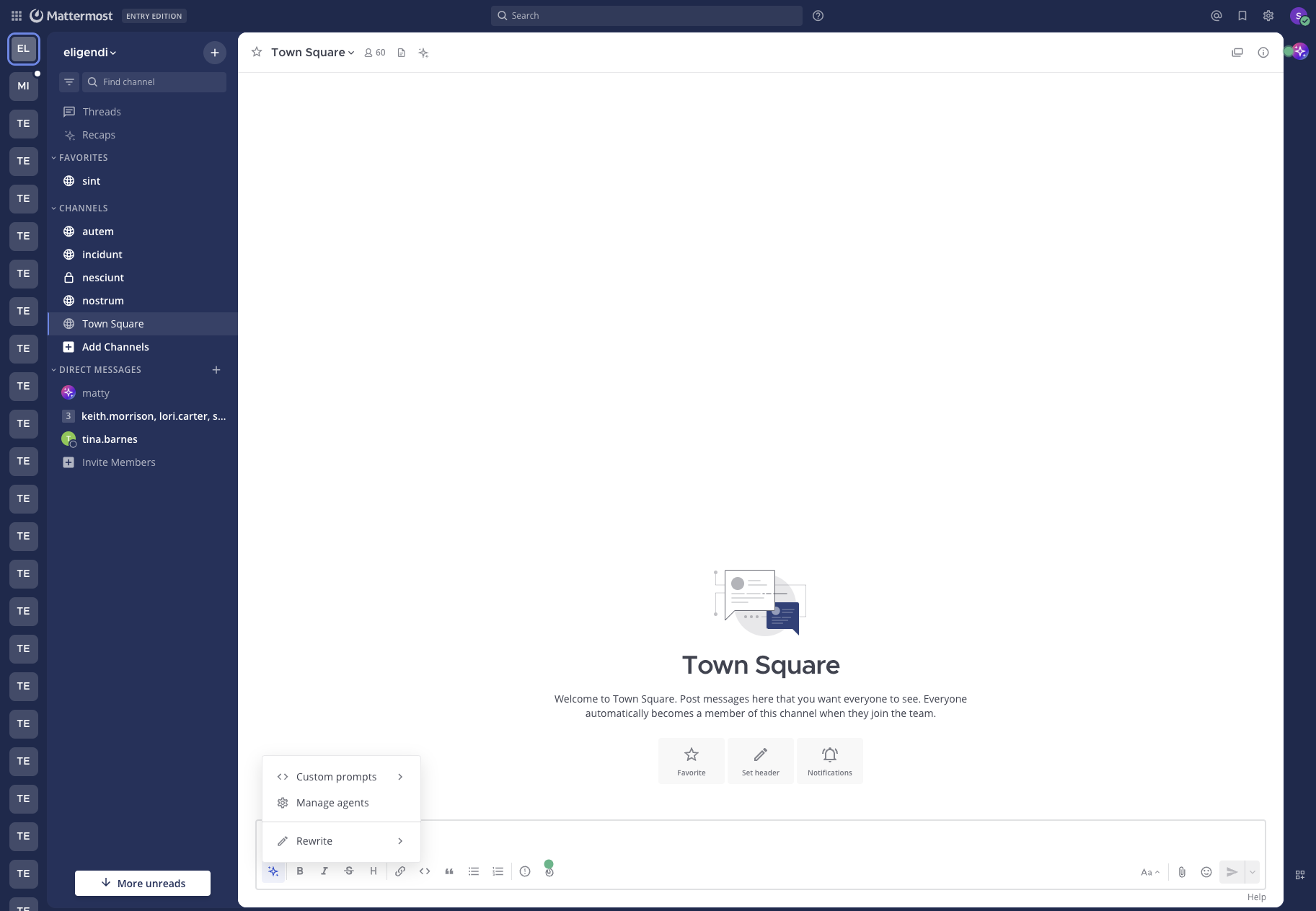 AI Actions menu in the message composer, including the Custom prompts entry.