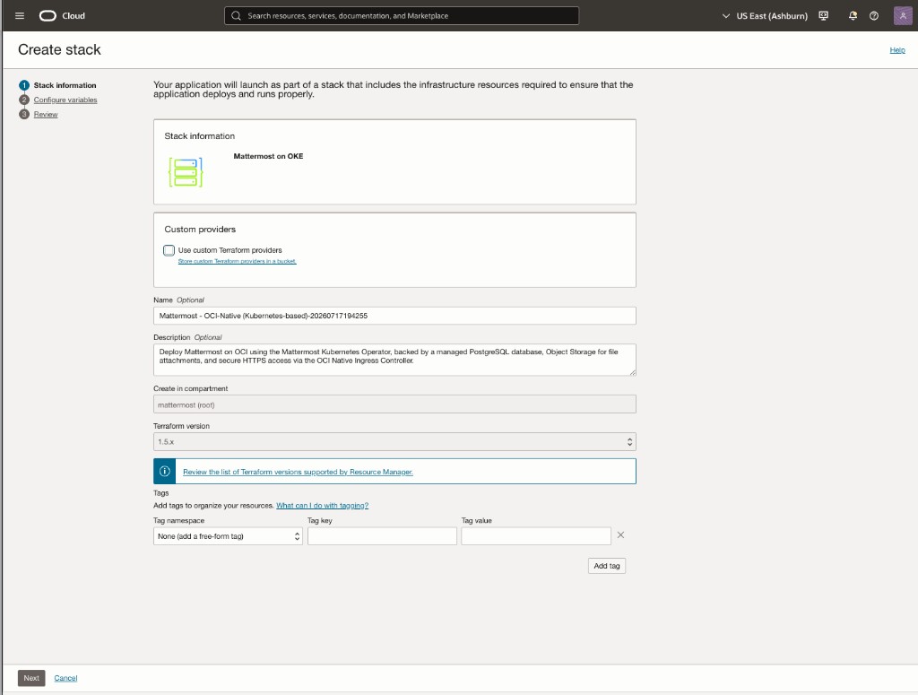Create stack information page for Mattermost on OKE