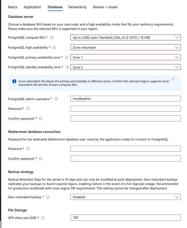 An example of the Azure Native Database setup screen.