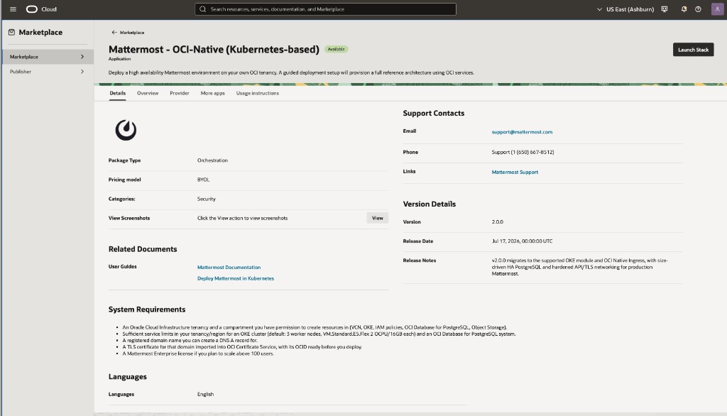 Oracle Cloud Marketplace listing for Mattermost - OCI-Native (Kubernetes-based)