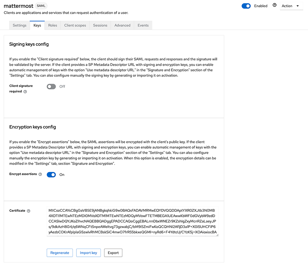In Keycloak, on the Keys tab, generate new keys for encryption.