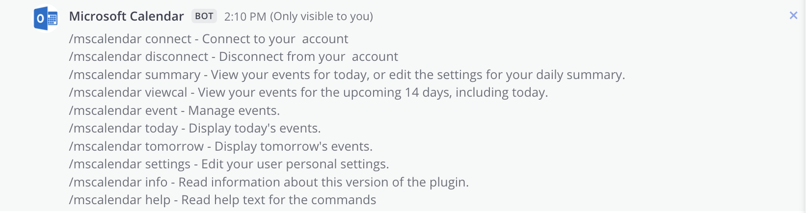 Example of supported slash commands for Microsoft Calendar in Mattermost.