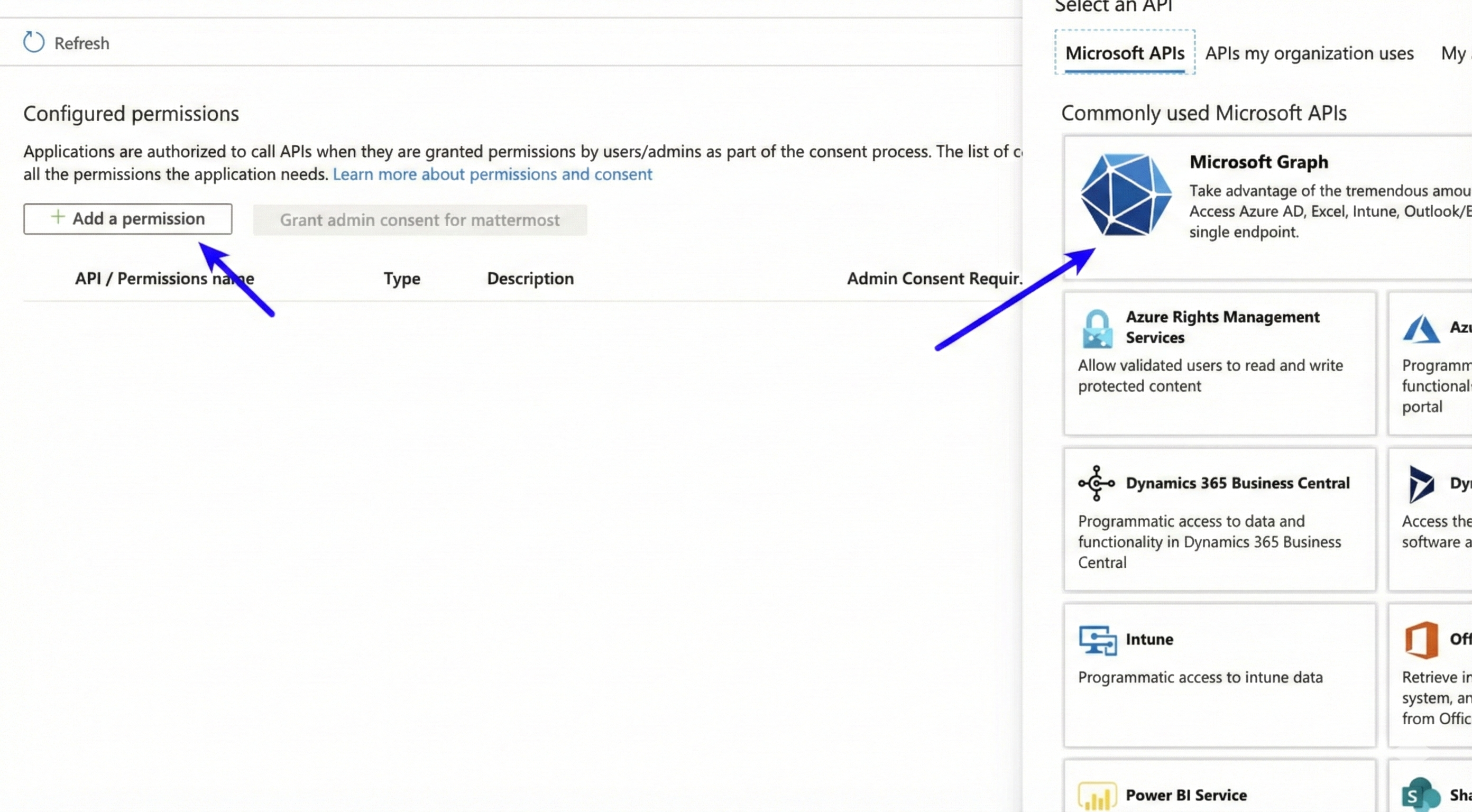 In Azure, add a permission for Microsoft Graph.