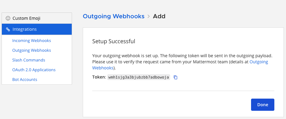 Dialog box showing the outgoing webhook token.