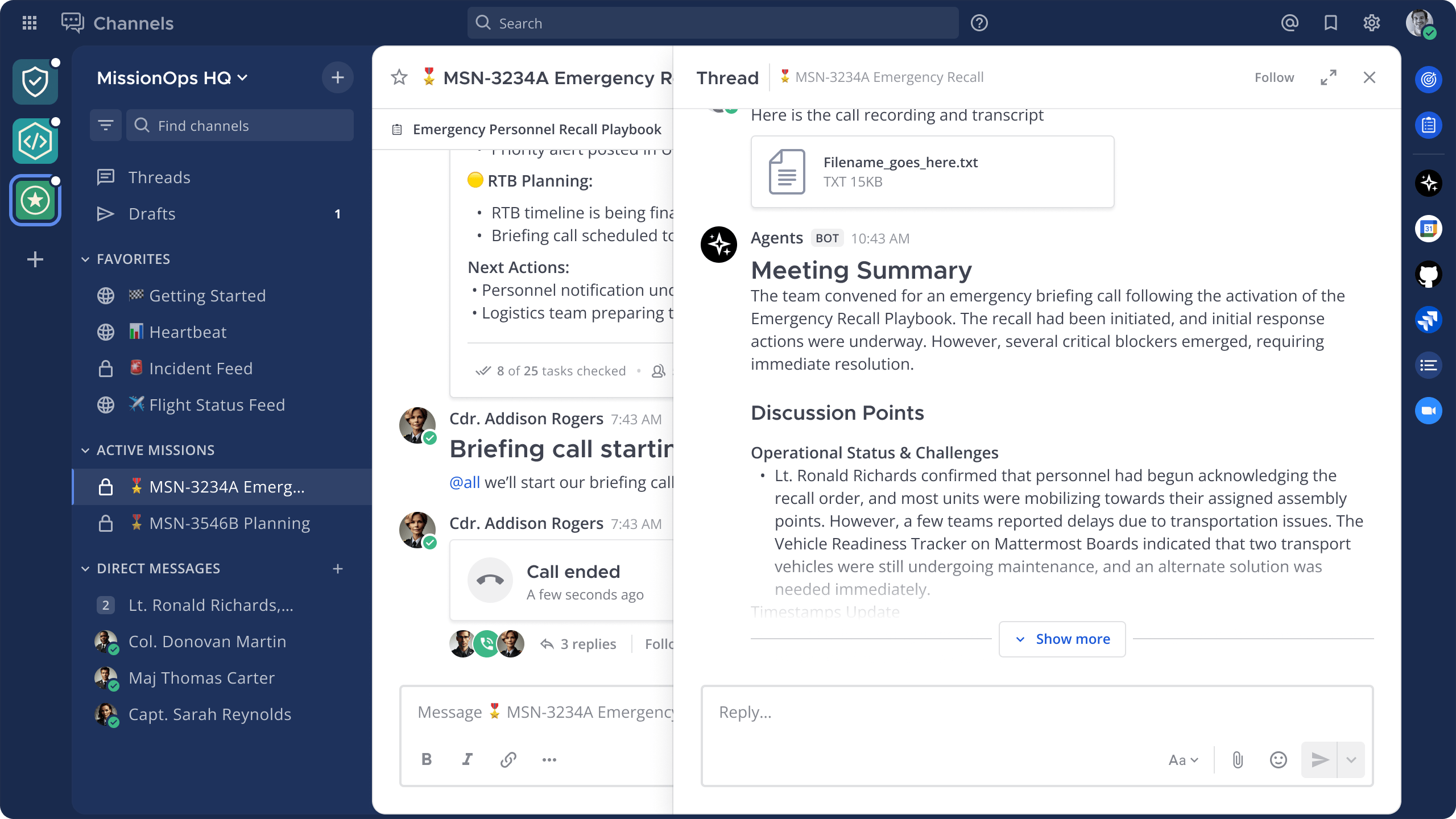 An image showing an AI agent summarizing a meeting in Mattermost, highlighting the agent's ability to extract key points and action items from the conversation.