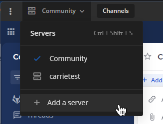 Connect the desktop app to a Mattermost Server using options located in the top left corner of the Mattermost screen.