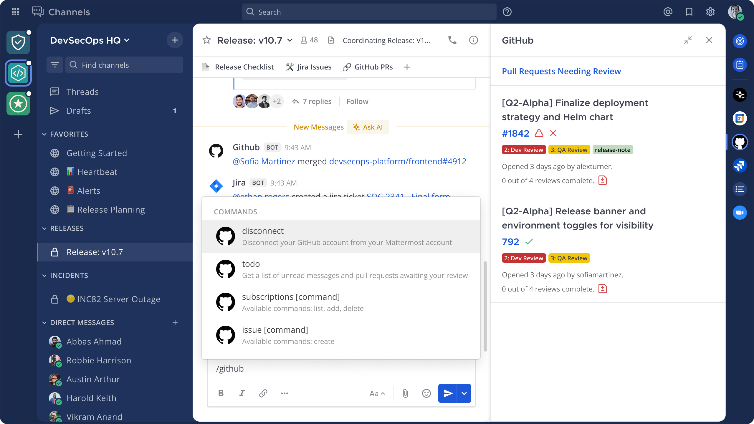 An image showing the GitHub integration in Mattermost, highlighting the ability to receive notifications and manage pull requests directly within channels.