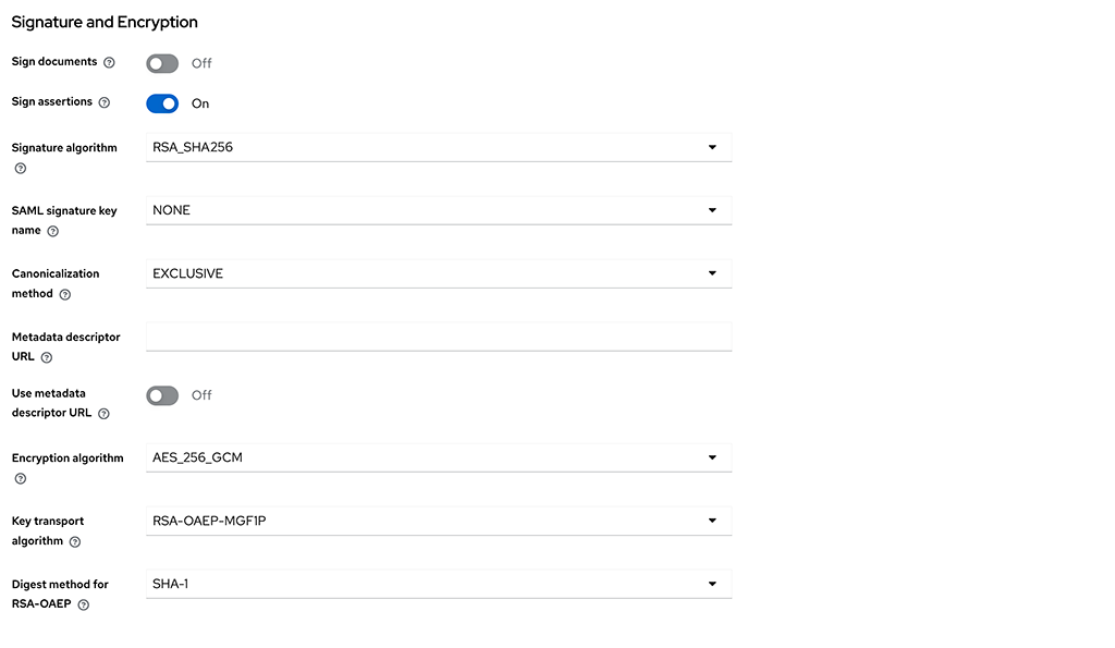 In Keycloak, configure the Signature and Encryption settings for the Mattermost client.
