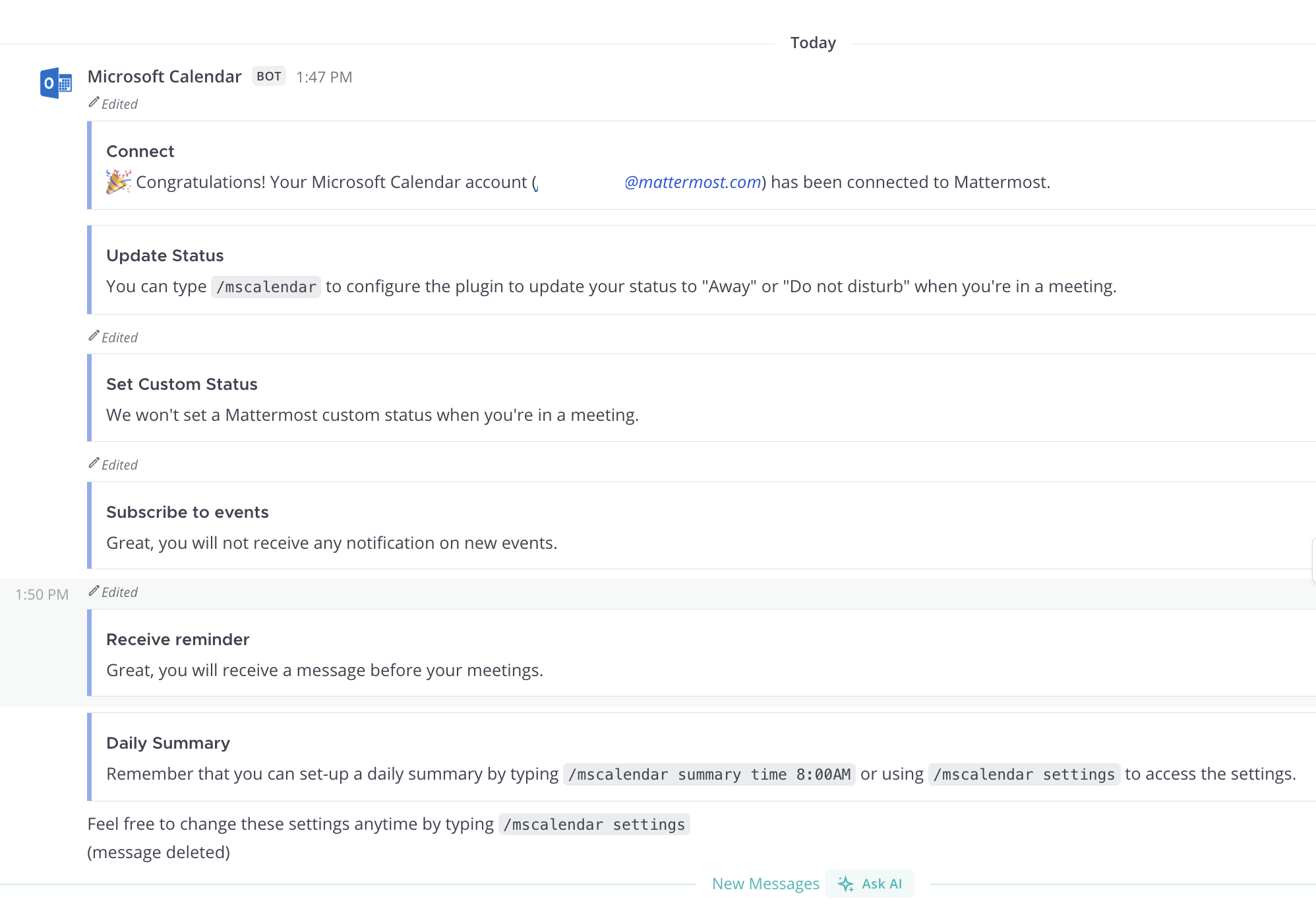 Example of the first direct message from the Microsoft Calendar bot in Mattermost.
