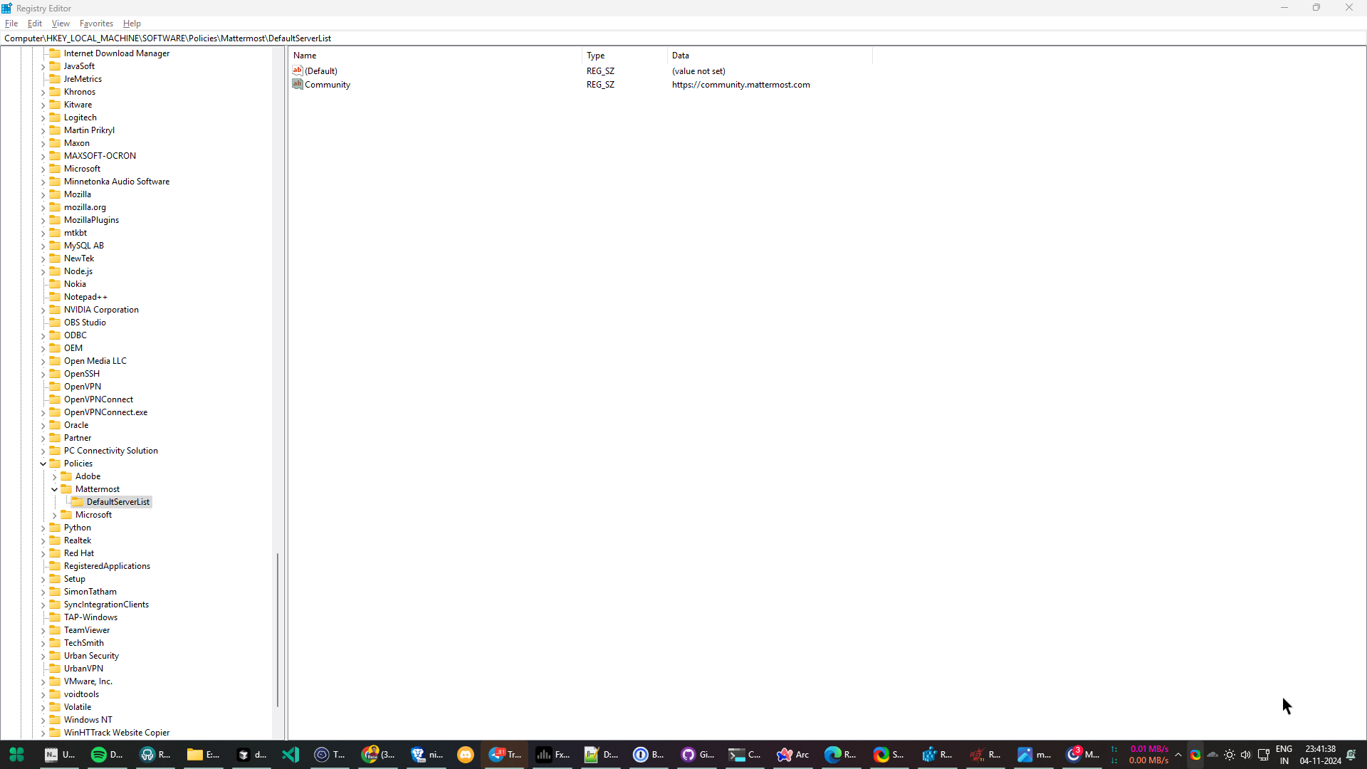 Go to Computer > HKEY_LOCAL_MACHINE > SOFTWARE > Policies > Mattermost > DefaultServerList to veryfiy the servers you added, then close the Registry Editor.
