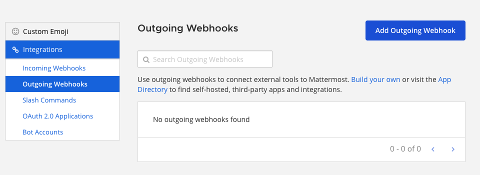 Dialog box showing the option to add an outgoing webhook.